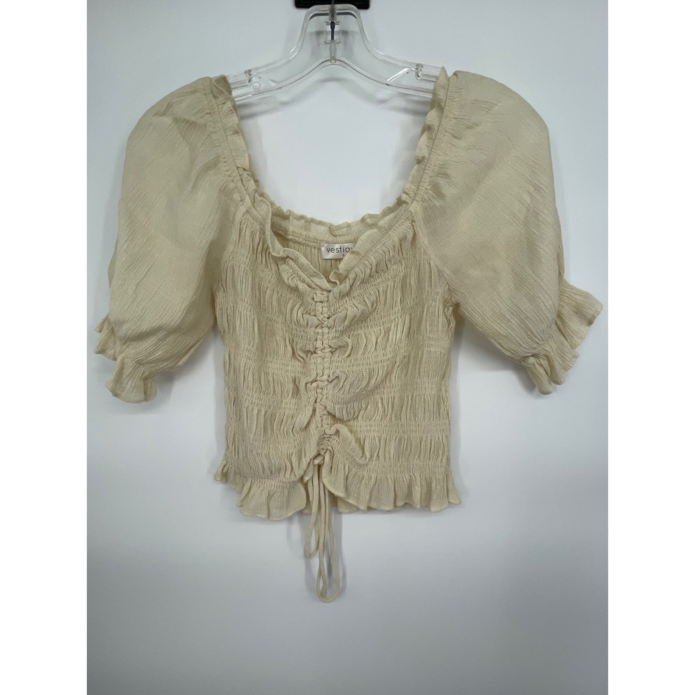 Vestique Cream Smocked Puff Sleeve Crop Top Small Boho Ruffle Ivory